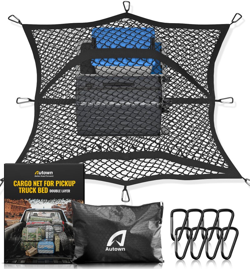 AUTOWN Cargo Net for Pickup Truck Bed - Stretchable 4'x4' to 7'x7', High Elastic Fine Mesh 1''x1'' with 8 Metal Carabiners - Ideal for ATV, SUV, UTV, Truck and Boat Use (Double Layer) - Image 1