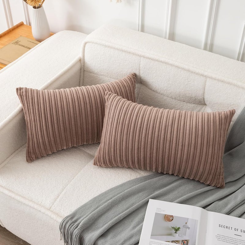 UGS UGASA UGASA Fall Soft Velvet Stripe Decorative Lumbar Pillow Covers Set of 2 Solid Corduroy Textured Euro Oblong Cushion Cases for Couch Bedroom Sofa Farmhouse, 12x20 Inch, Light Brown - Image 1