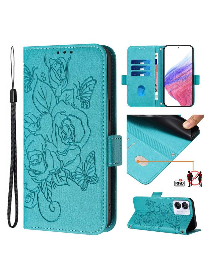 Green Tiger For Blackview Color 8 / Oscal Modern 8 Embossed Rose RFID Anti-theft Leather Phone Case(Light Blue)