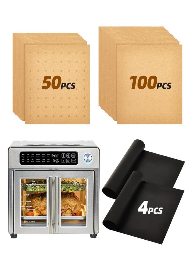 MMH 154PCs Paper Liners Compatible with Emeril Lagasse 26QT Extra Large Air Fryer Toaster Oven Accessories,100PCs Unbleached Parchment Paper,50PCs Disposable Liners with Holes, 4PCs Reusable Baking Mats - Image 1