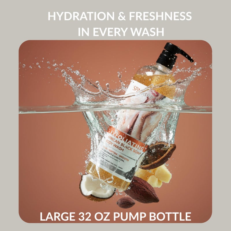 SpaScriptions Exfoliating African Black Soap Body Wash - 33 oz Charcoal & Coconut Scented Body Scrub with Coffee & Walnut Shell Exfoliants, Gentle Cleansing Body Wash for All Skin Types, Paraben Free - Image 2