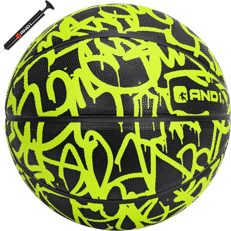 AND1 Fantom Rubber Basketball & Pump (Graffiti Series)- Official Size 7 (29.5”) Streetball, Made for Indoor and Outdoor Basketball Games (Volt) - Image 1