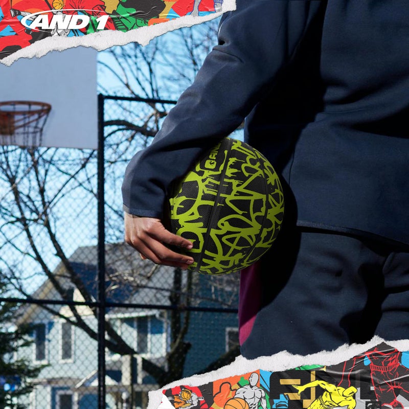AND1 Fantom Rubber Basketball & Pump (Graffiti Series)- Official Size 7 (29.5”) Streetball, Made for Indoor and Outdoor Basketball Games (Volt) - Image 5
