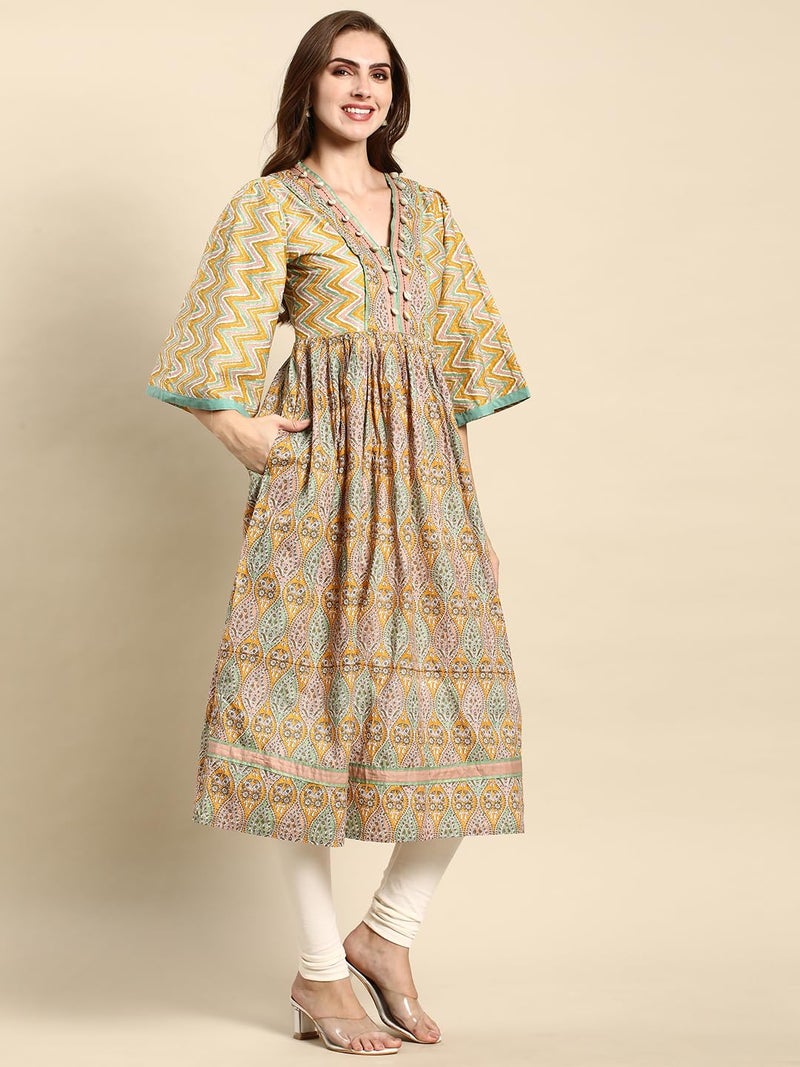 RATAN Women's Cotton Printed Anarkali Paisley Shell Kurta (MOR-YLW-M_Yellow) - Image 3