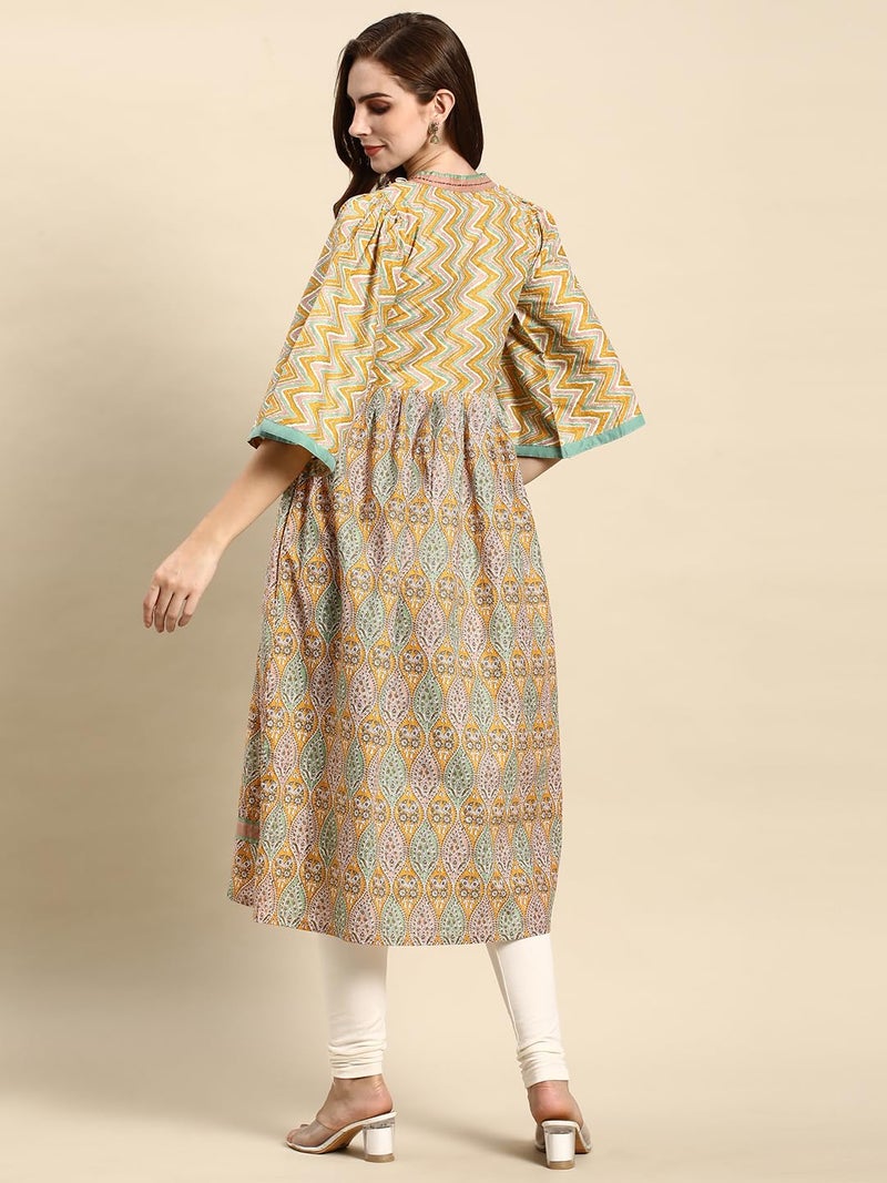 RATAN Women's Cotton Printed Anarkali Paisley Shell Kurta (MOR-YLW-M_Yellow) - Image 4