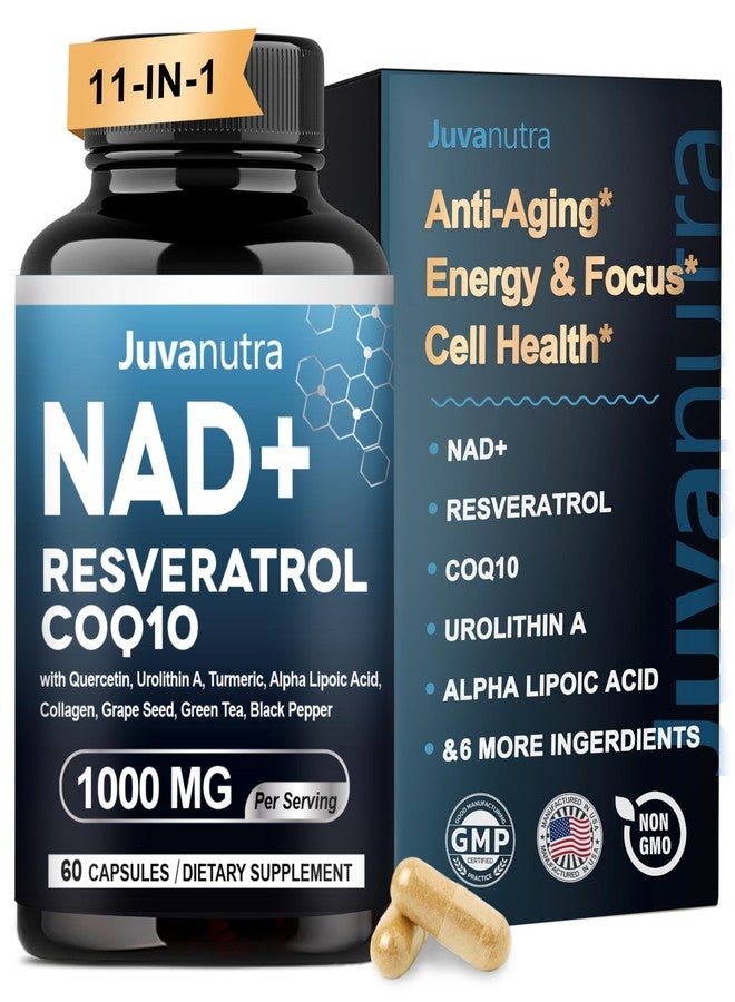 مكمل NAD 11 في 1 فائق القوة - NAD ليبوزومي مع ريسفيراترول، CoQ10، يوروليثين أ، ALA والكركم - يدعم مكافحة الشيخوخة، وإصلاح الخلايا، والطاقة والتركيز - للنساء والرجال - 60 كبسولة - Image 1