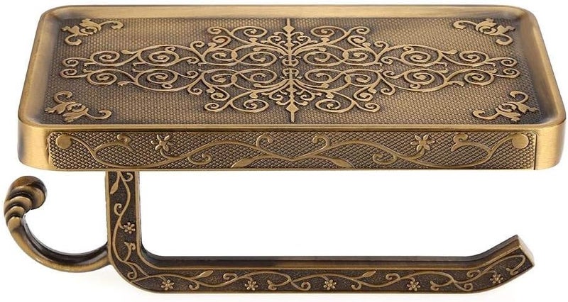 klarako Antique European Vintage Brass Toilet Bathroom Paper Holder Phone Shelf Wall Mounted(02) - Image 1