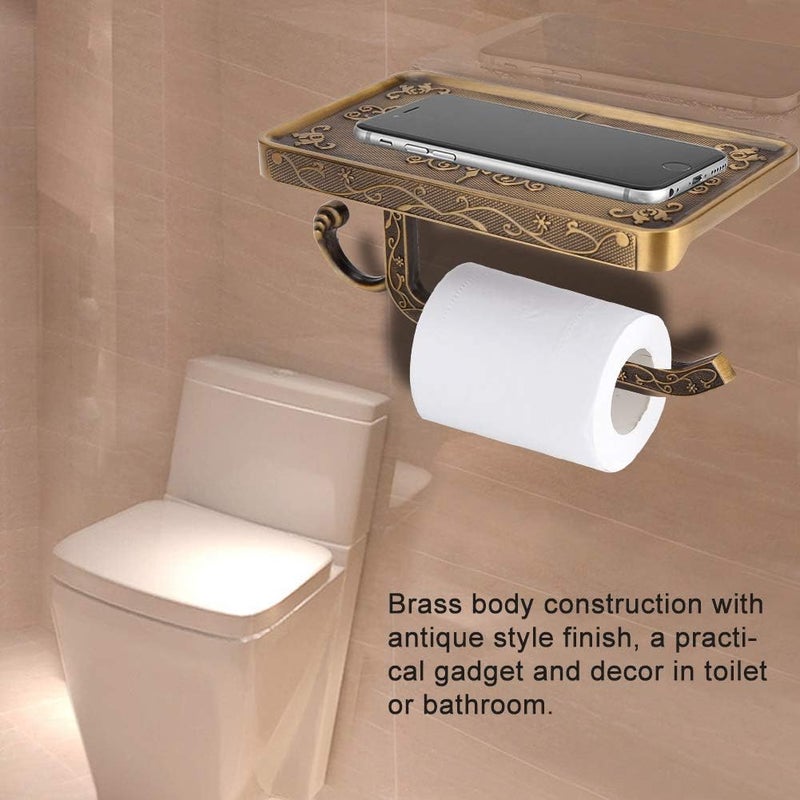 klarako Antique European Vintage Brass Toilet Bathroom Paper Holder Phone Shelf Wall Mounted(02) - Image 5