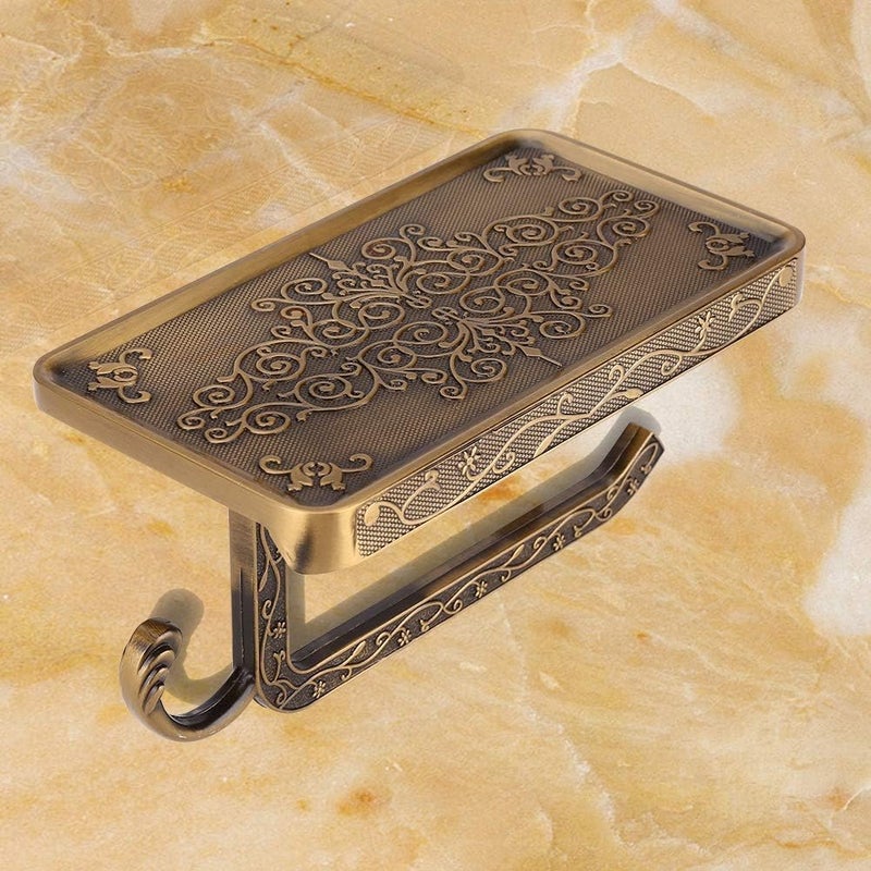 klarako Antique European Vintage Brass Toilet Bathroom Paper Holder Phone Shelf Wall Mounted(02) - Image 4