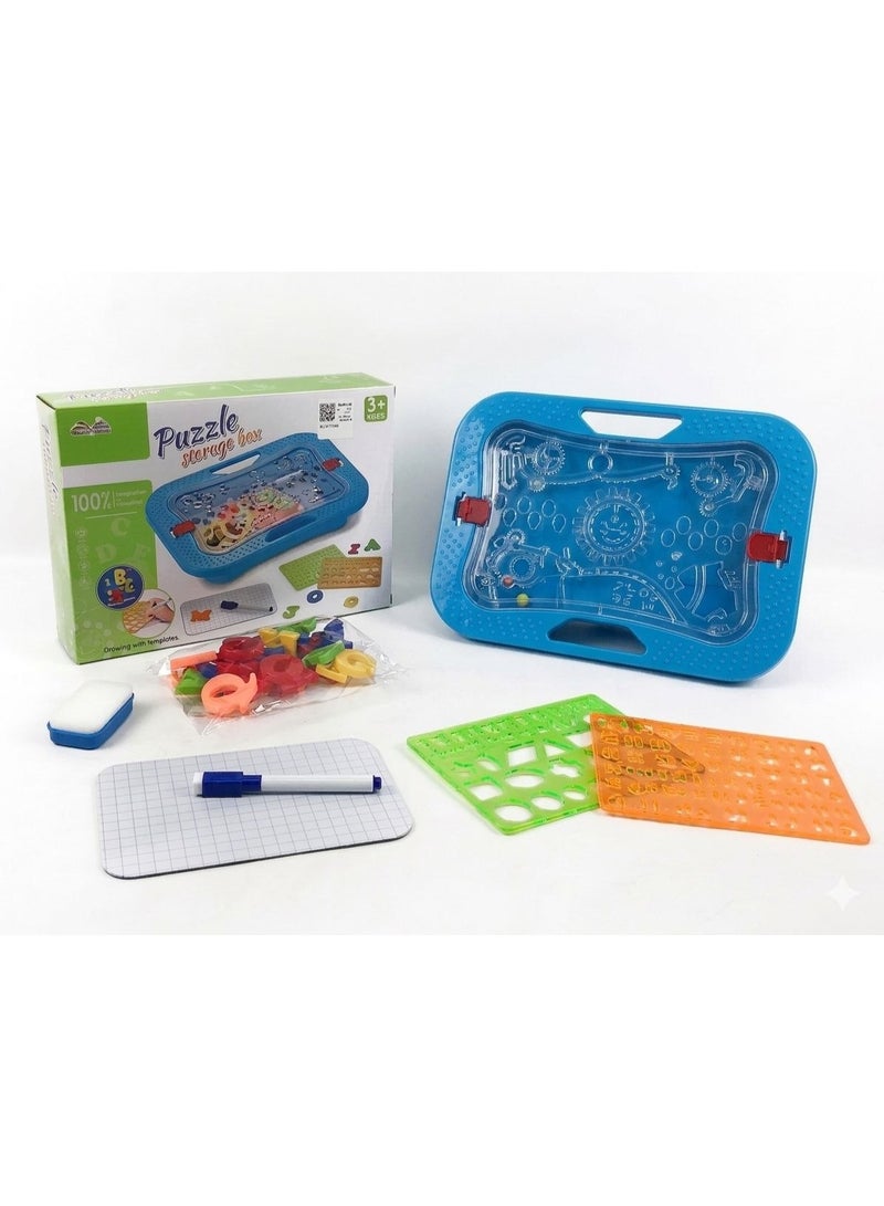 Blue Magnetic Learning Board & Puzzle Storage Box with Letters, Numbers, Stencils, and Whiteboard - Image 1