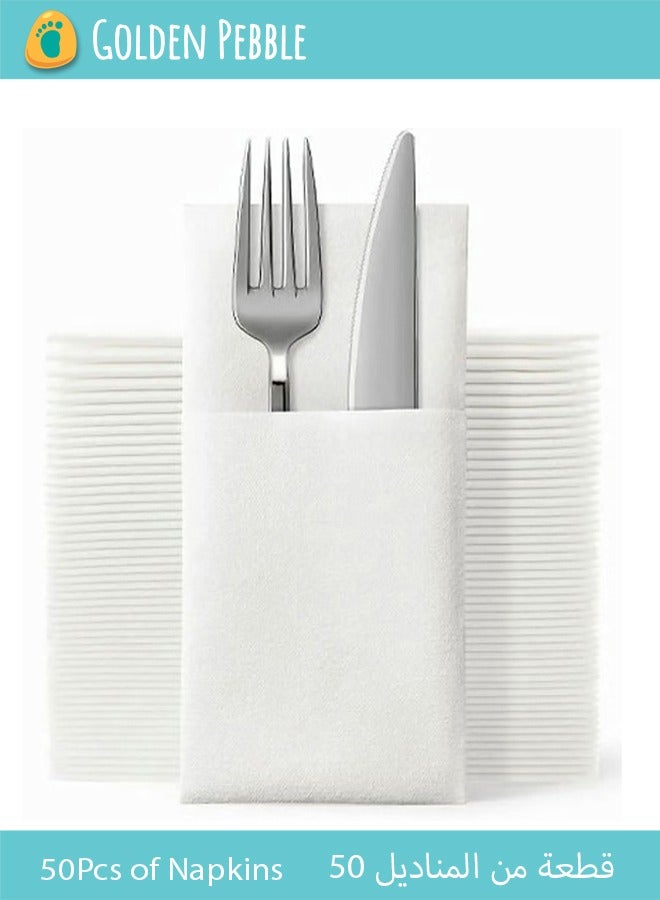 bbet Disposable Cloth Like Napkins Built-in Flatware Pocket Wedding Party Linen Feel White Napkin Prefolded for Silverware 50 Count  - Image 1