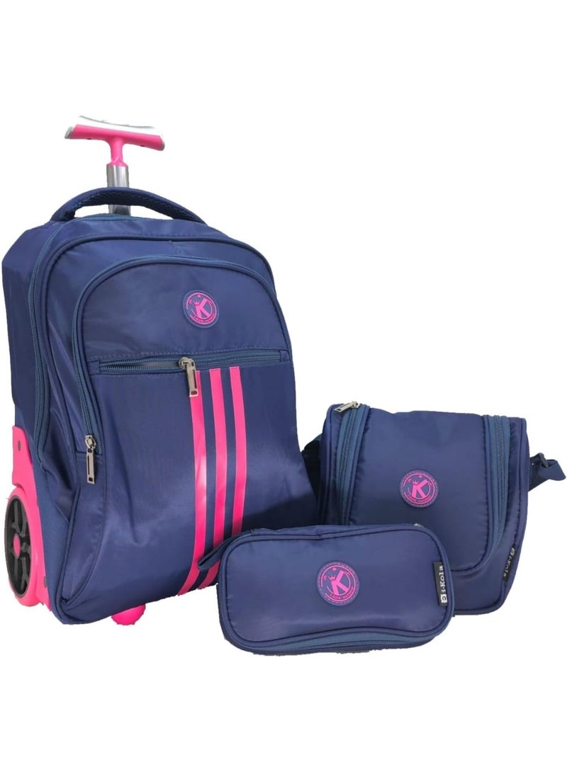 آي-كولا مجموعة حقائب مدرسية زرقاء للأطفال، 3 قطع - حقيبة ترولي بعجلات مقاس 16 بوصة، وحقيبة غداء مقاومة للانسكاب، وحافظة أقلام بمقبض تلسكوبي، وحامل زجاجات (E652-16BW3) - Image 1