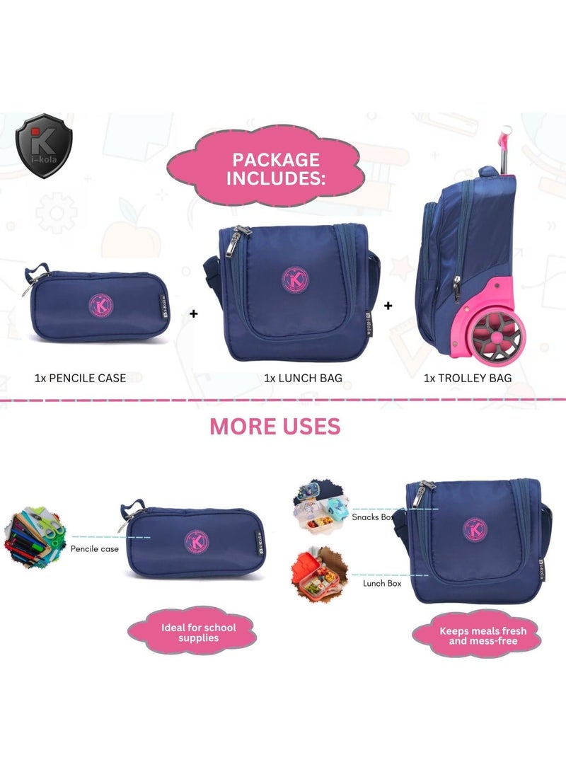 آي-كولا مجموعة حقائب مدرسية زرقاء للأطفال، 3 قطع - حقيبة ترولي بعجلات مقاس 16 بوصة، وحقيبة غداء مقاومة للانسكاب، وحافظة أقلام بمقبض تلسكوبي، وحامل زجاجات (E652-16BW3) - Image 4