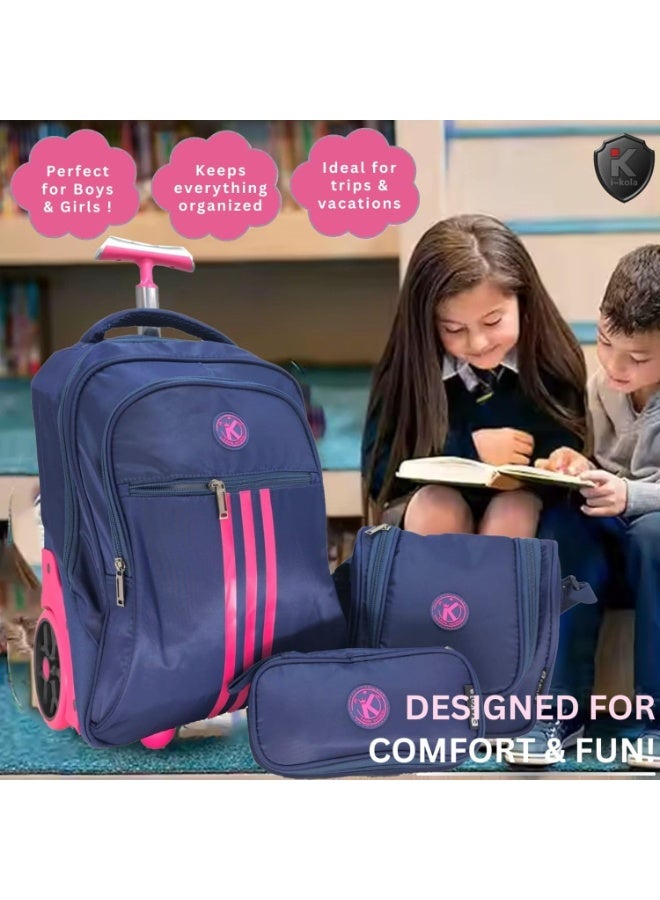 آي-كولا مجموعة حقائب مدرسية زرقاء للأطفال، 3 قطع - حقيبة ترولي بعجلات مقاس 16 بوصة، وحقيبة غداء مقاومة للانسكاب، وحافظة أقلام بمقبض تلسكوبي، وحامل زجاجات (E652-16BW3) - Image 5