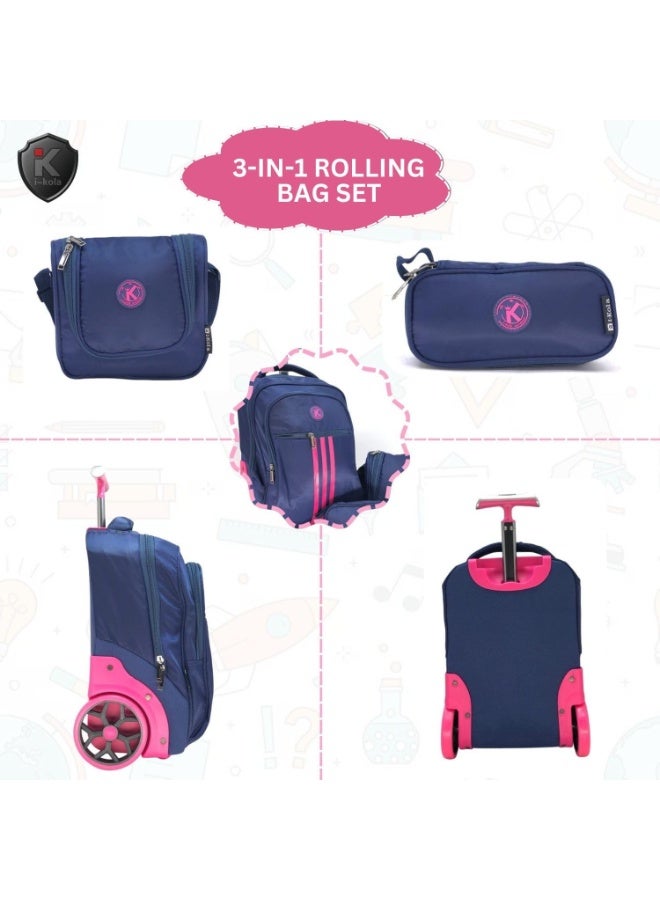 آي-كولا مجموعة حقائب مدرسية زرقاء للأطفال، 3 قطع - حقيبة ترولي بعجلات مقاس 16 بوصة، وحقيبة غداء مقاومة للانسكاب، وحافظة أقلام بمقبض تلسكوبي، وحامل زجاجات (E652-16BW3) - Image 3