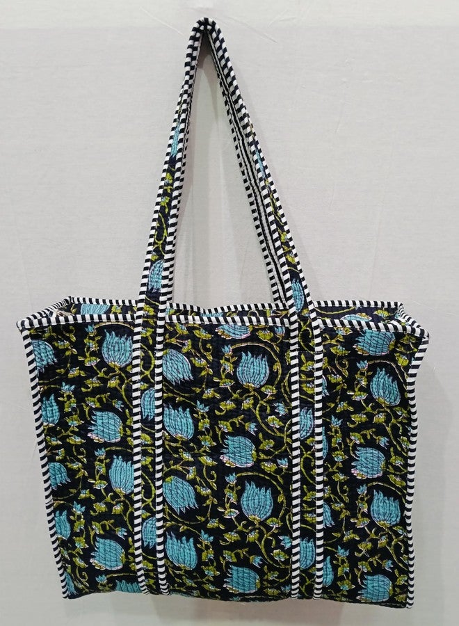 CRAFT KALA Women Handblock Floral Quilted Lightweight Travel Top Zipper Bag Purse Cotton Shoulder Tote Bag & Beach Bag, Aqua & Black, One Size - Image 2