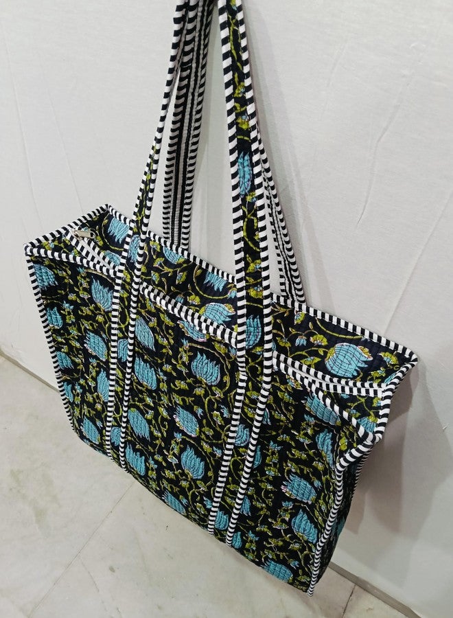 CRAFT KALA Women Handblock Floral Quilted Lightweight Travel Top Zipper Bag Purse Cotton Shoulder Tote Bag & Beach Bag, Aqua & Black, One Size - Image 3