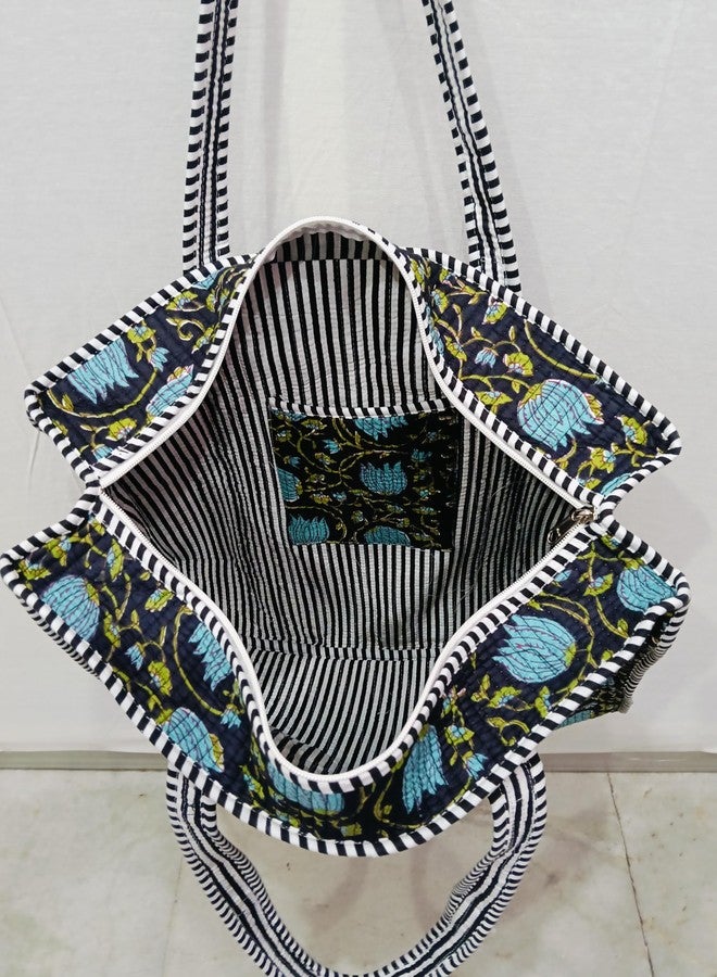 CRAFT KALA Women Handblock Floral Quilted Lightweight Travel Top Zipper Bag Purse Cotton Shoulder Tote Bag & Beach Bag, Aqua & Black, One Size - Image 5