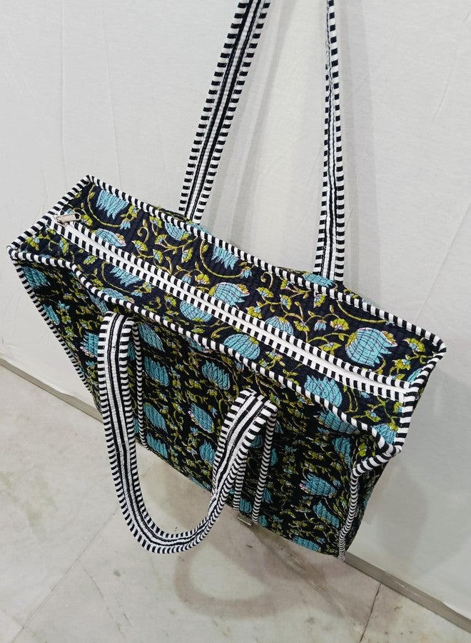 CRAFT KALA Women Handblock Floral Quilted Lightweight Travel Top Zipper Bag Purse Cotton Shoulder Tote Bag & Beach Bag, Aqua & Black, One Size - Image 4