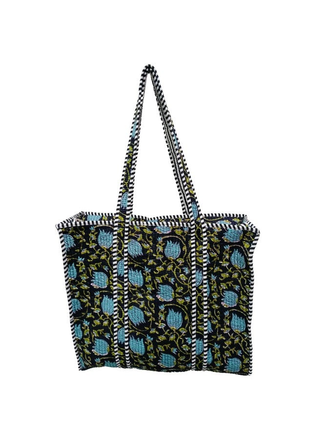 CRAFT KALA Women Handblock Floral Quilted Lightweight Travel Top Zipper Bag Purse Cotton Shoulder Tote Bag & Beach Bag, Aqua & Black, One Size - Image 1
