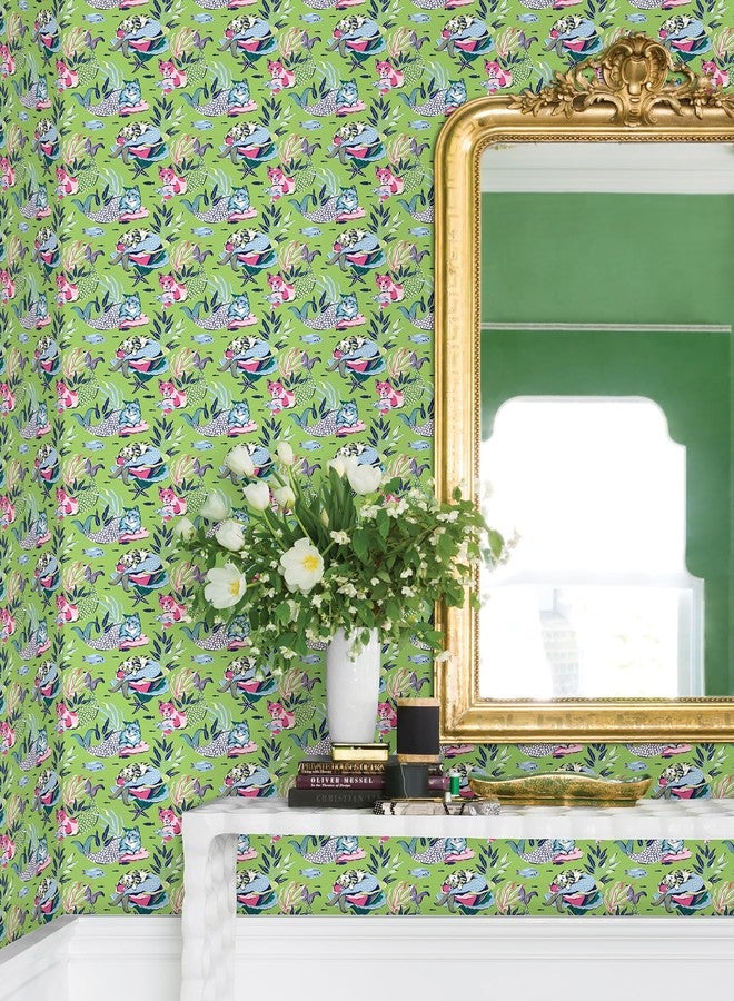 NuWallpaper x Printfresh Meowing Mermaids Lime Green Peel and Stick Wallpaper, PFS6394 - Image 2