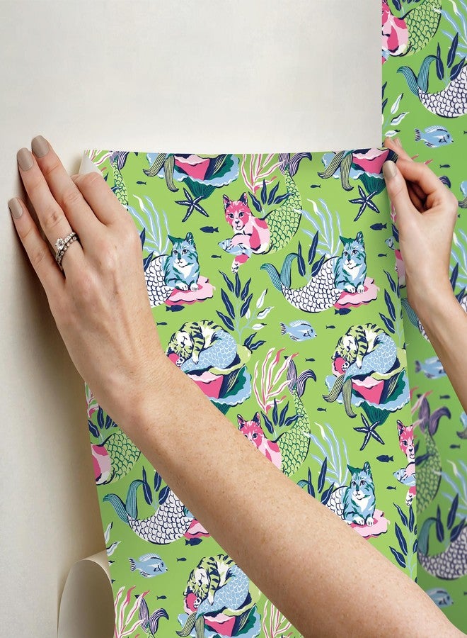 NuWallpaper x Printfresh Meowing Mermaids Lime Green Peel and Stick Wallpaper, PFS6394 - Image 5