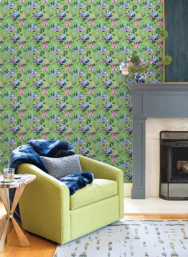 NuWallpaper x Printfresh Meowing Mermaids Lime Green Peel and Stick Wallpaper, PFS6394 - Image 3
