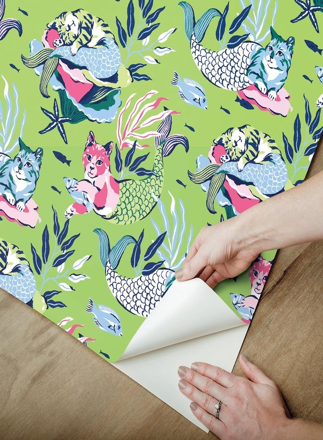 NuWallpaper x Printfresh Meowing Mermaids Lime Green Peel and Stick Wallpaper, PFS6394 - Image 4