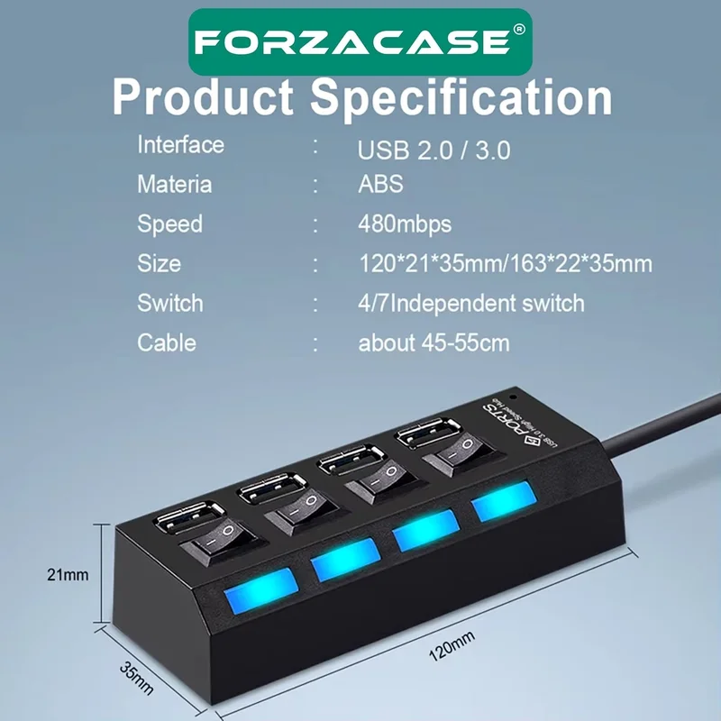 فورزاكاس 4 Port USB 3.0 Port Multiplier Hub Switch with Illuminated Buttons - FC800