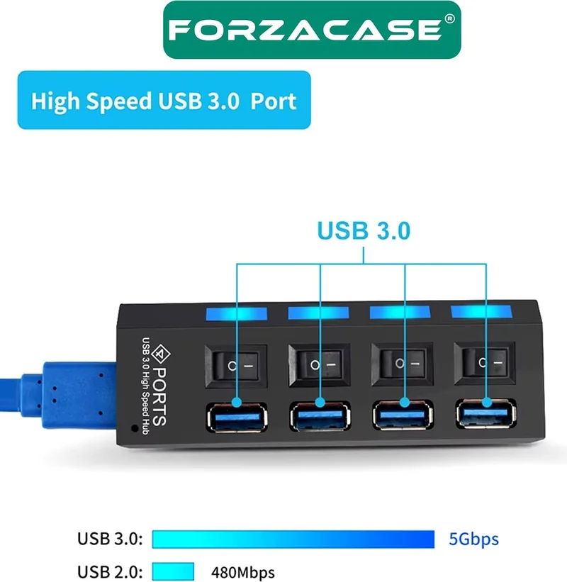 فورزاكاس 4 Port USB 3.0 Port Multiplier Hub Switch with Illuminated Buttons - FC800