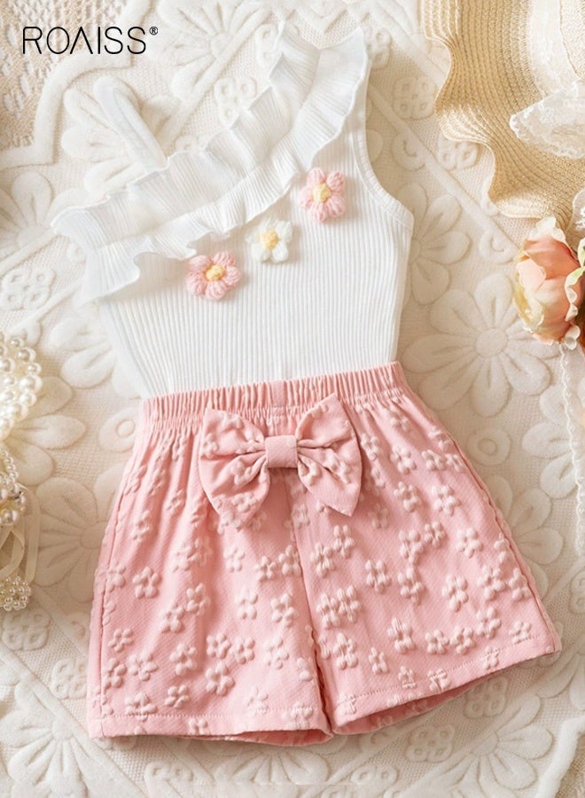 roaiss Girls 2PCS Clothing Set, Stylish Sloping Shoulder Tank Top and Elastic Waist Shorts Set for Girls, Summer Outfit with Sleeveless Camisole and Short Pants, Suitable for Daily Wear or Any Occasion - Image 1
