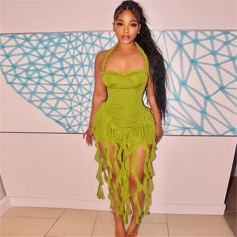 Uni Clau Women's Summer Mini Dress Sexy Halter Backless Ruffle Fringe Bodycon Short Dress Cocktail Party Beach Vacation Sundress Green - Image 3