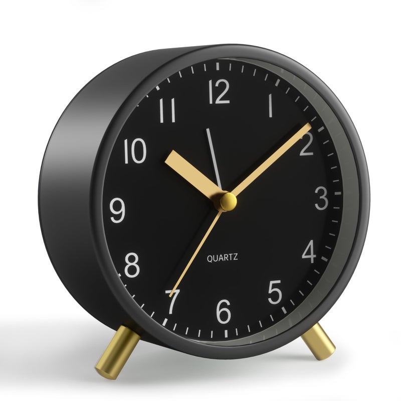 Jall Analog Alarm Clock 4 inch Super Silent Non Ticking Small Clock with Night Light Battery Operated Simple Design easy setting for Office Bedroom Bedside Desk teens elders kids adult Black