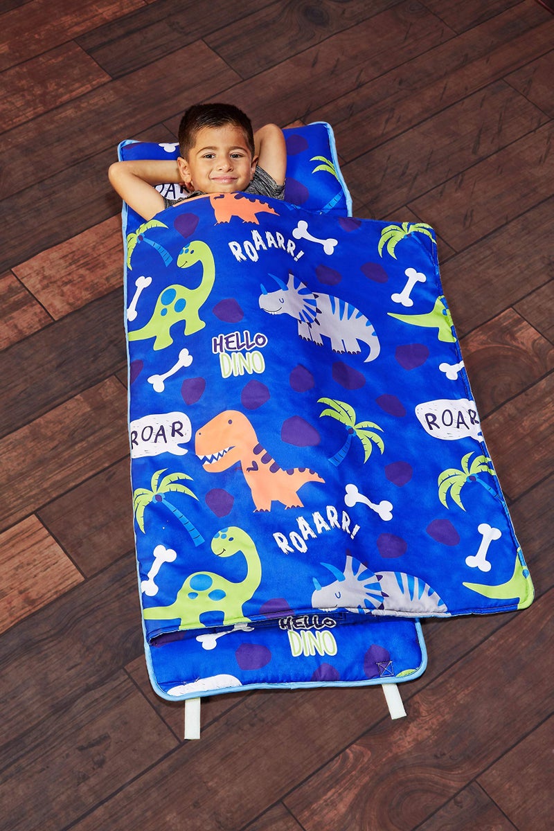 EVERYDAY KIDS EVERYDAY KIDS Nap Mat with Removable Pillow  Roarin Dinos  Carry Handle with Straps Closure Rollup Design Soft Microfiber for Preschool Daycare Travel Sleeping Bag  Ages 36 Years 