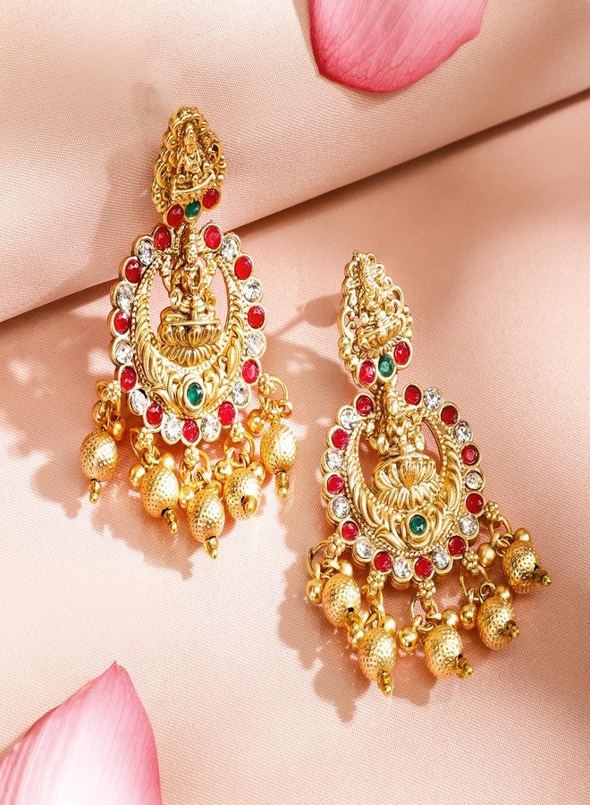 Rubans 22K Gold-Plated Red, Green & White Stone Lakshmi Motif Heavy Temple Jewellery Set for Women & Girls | Traditional Bridal Necklace Set | Brass Material - Image 5