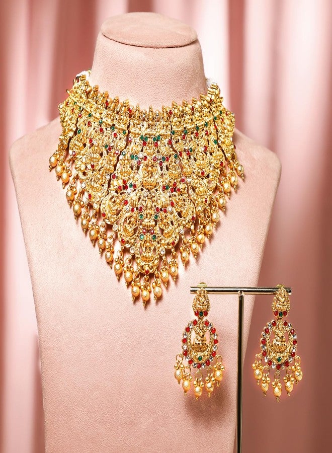 Rubans 22K Gold-Plated Red, Green & White Stone Lakshmi Motif Heavy Temple Jewellery Set for Women & Girls | Traditional Bridal Necklace Set | Brass Material - Image 2