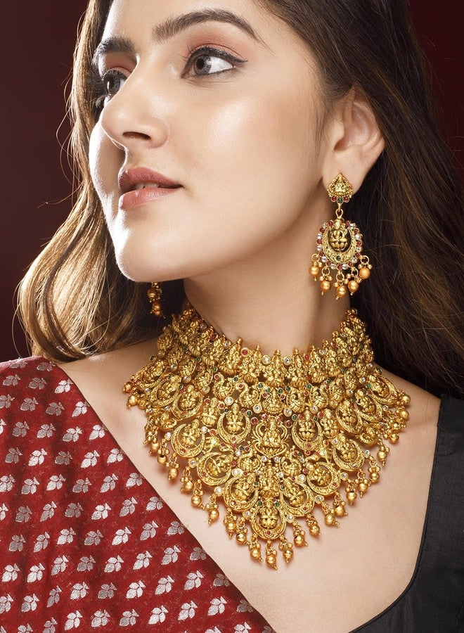 Rubans 22K Gold-Plated Red, Green & White Stone Lakshmi Motif Heavy Temple Jewellery Set for Women & Girls | Traditional Bridal Necklace Set | Brass Material - Image 3