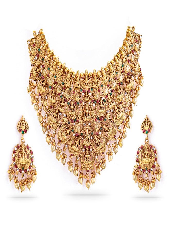 Rubans 22K Gold-Plated Red, Green & White Stone Lakshmi Motif Heavy Temple Jewellery Set for Women & Girls | Traditional Bridal Necklace Set | Brass Material - Image 1