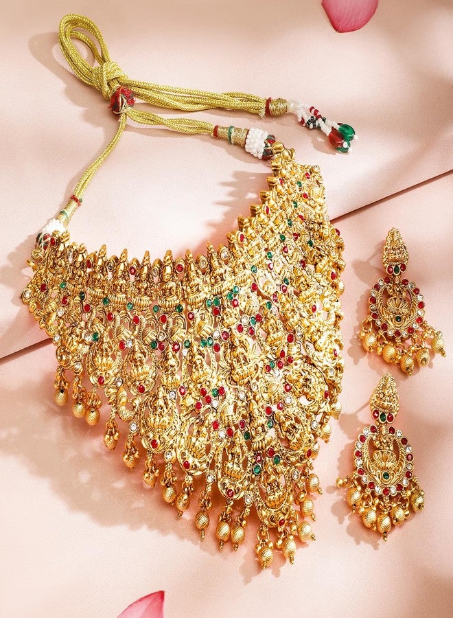 Rubans 22K Gold-Plated Red, Green & White Stone Lakshmi Motif Heavy Temple Jewellery Set for Women & Girls | Traditional Bridal Necklace Set | Brass Material - Image 4