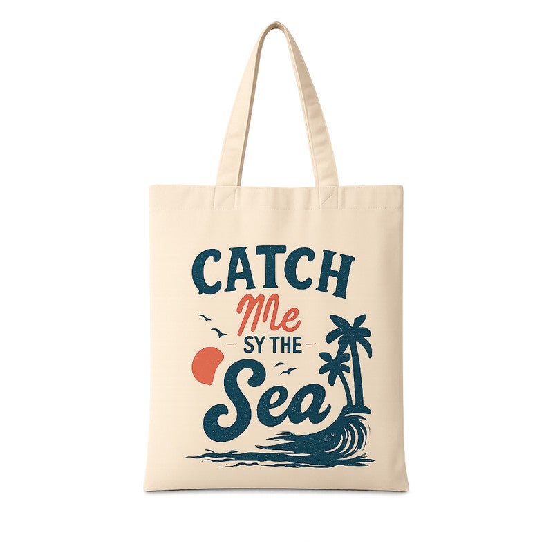 شنطة توت باج قماش للنساء، طبعة ريترو صيفي "Catch Me By The Sea"، شنطة كتف وتسوق صديقة للبيئة وقابلة لإعادة الاستخدام للبحر والتسوق والاستخدام اليومي، مقاس كبير 30x40 سم - Image 1