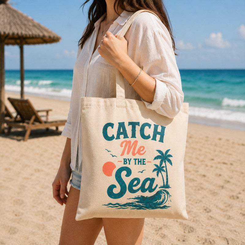 شنطة توت باج قماش للنساء، طبعة ريترو صيفي "Catch Me By The Sea"، شنطة كتف وتسوق صديقة للبيئة وقابلة لإعادة الاستخدام للبحر والتسوق والاستخدام اليومي، مقاس كبير 30x40 سم - Image 3
