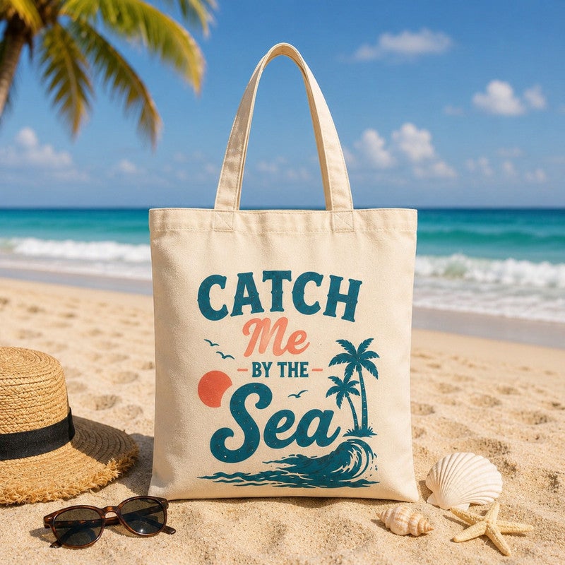 شنطة توت باج قماش للنساء، طبعة ريترو صيفي "Catch Me By The Sea"، شنطة كتف وتسوق صديقة للبيئة وقابلة لإعادة الاستخدام للبحر والتسوق والاستخدام اليومي، مقاس كبير 30x40 سم - Image 2
