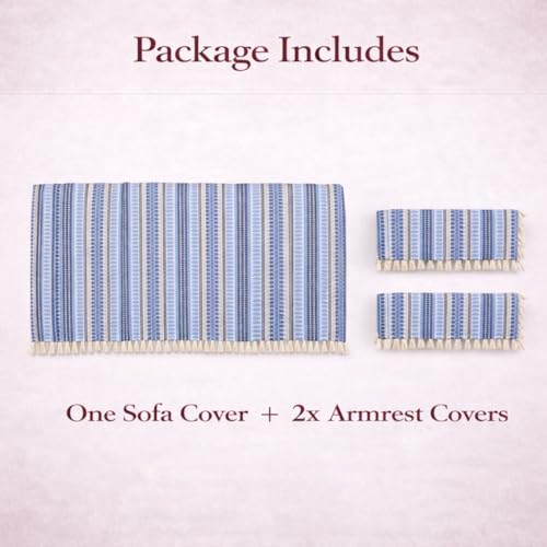 STITCHNEST Woven 2 Seater Sofa Protector with 2 Hand Rest Covers – Blue & White Stripe Design – Washable Fabric with Tassels – Stylish Sofa Cover for Modern Living Room & Furniture Décor - Image 2