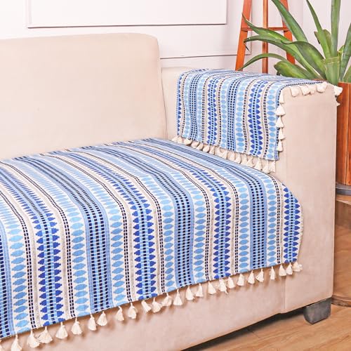 STITCHNEST Woven 2 Seater Sofa Protector with 2 Hand Rest Covers – Blue & White Stripe Design – Washable Fabric with Tassels – Stylish Sofa Cover for Modern Living Room & Furniture Décor - Image 1