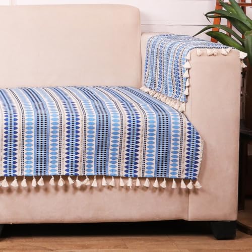 STITCHNEST Woven 2 Seater Sofa Protector with 2 Hand Rest Covers – Blue & White Stripe Design – Washable Fabric with Tassels – Stylish Sofa Cover for Modern Living Room & Furniture Décor - Image 5