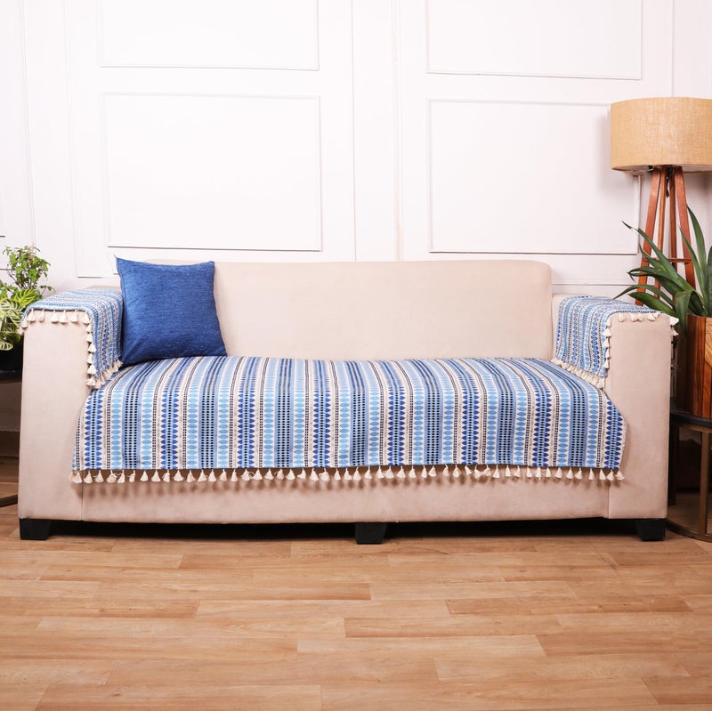 STITCHNEST Woven 2 Seater Sofa Protector with 2 Hand Rest Covers – Blue & White Stripe Design – Washable Fabric with Tassels – Stylish Sofa Cover for Modern Living Room & Furniture Décor - Image 4