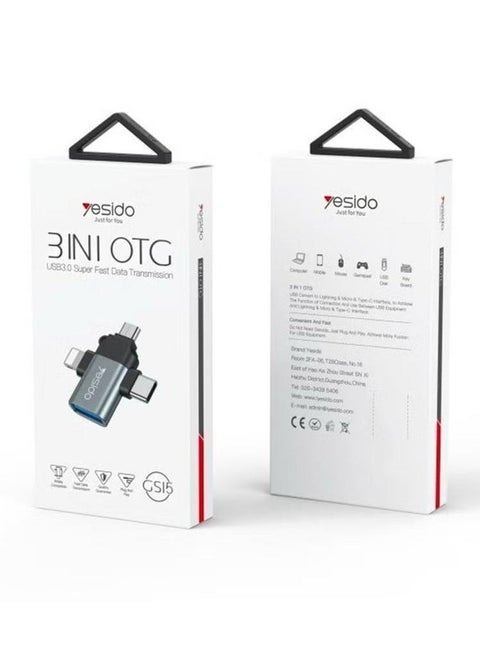 GS15 OTG Adapter 3 In 1 USB 2.0 to Type-C, Micro, Lightning Adapter – Universal OTG Connector for Smartphones, Tablets, and Devices – Fast Data Transfer, Compact Design