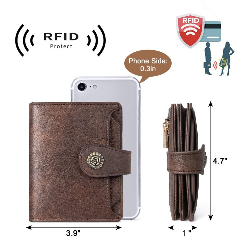 CLUCI Small Wallets for Women RFID Blocking Leather Trifold Compact Credit Card Holder with ID Window Ladies Zipper Coin Purse Coffee - Image 4