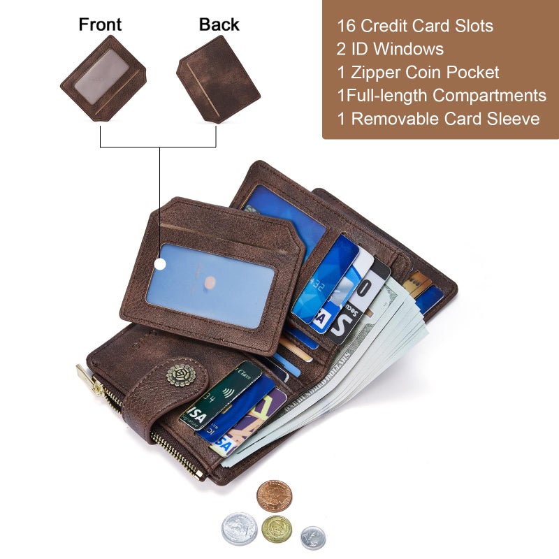 CLUCI Small Wallets for Women RFID Blocking Leather Trifold Compact Credit Card Holder with ID Window Ladies Zipper Coin Purse Coffee - Image 5
