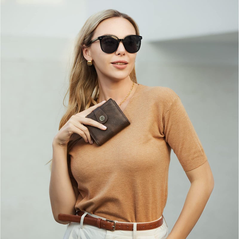 CLUCI Small Wallets for Women RFID Blocking Leather Trifold Compact Credit Card Holder with ID Window Ladies Zipper Coin Purse Coffee - Image 2